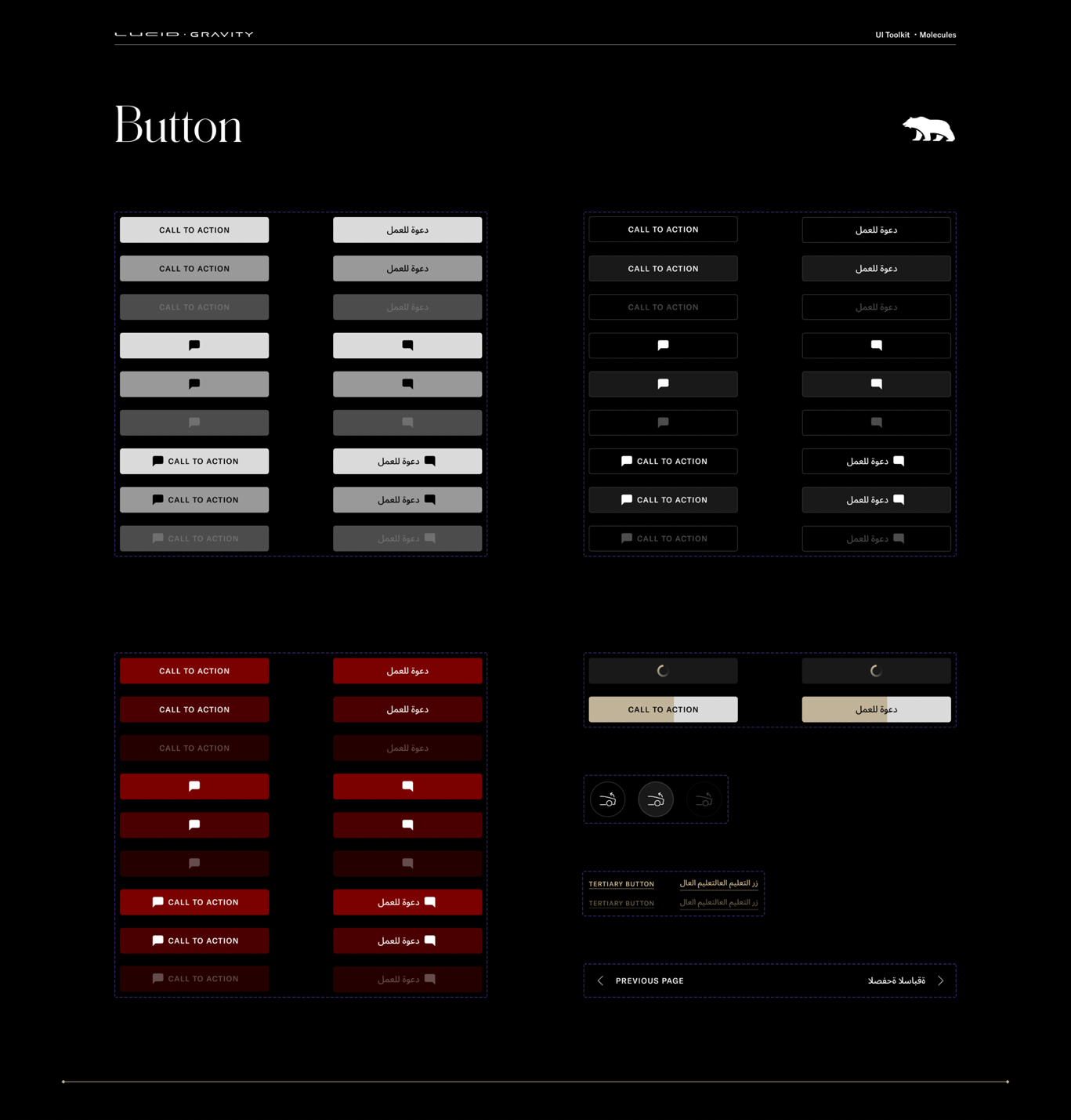 Lucid button component specification showing button variants, states, icon usage, and RTL examples