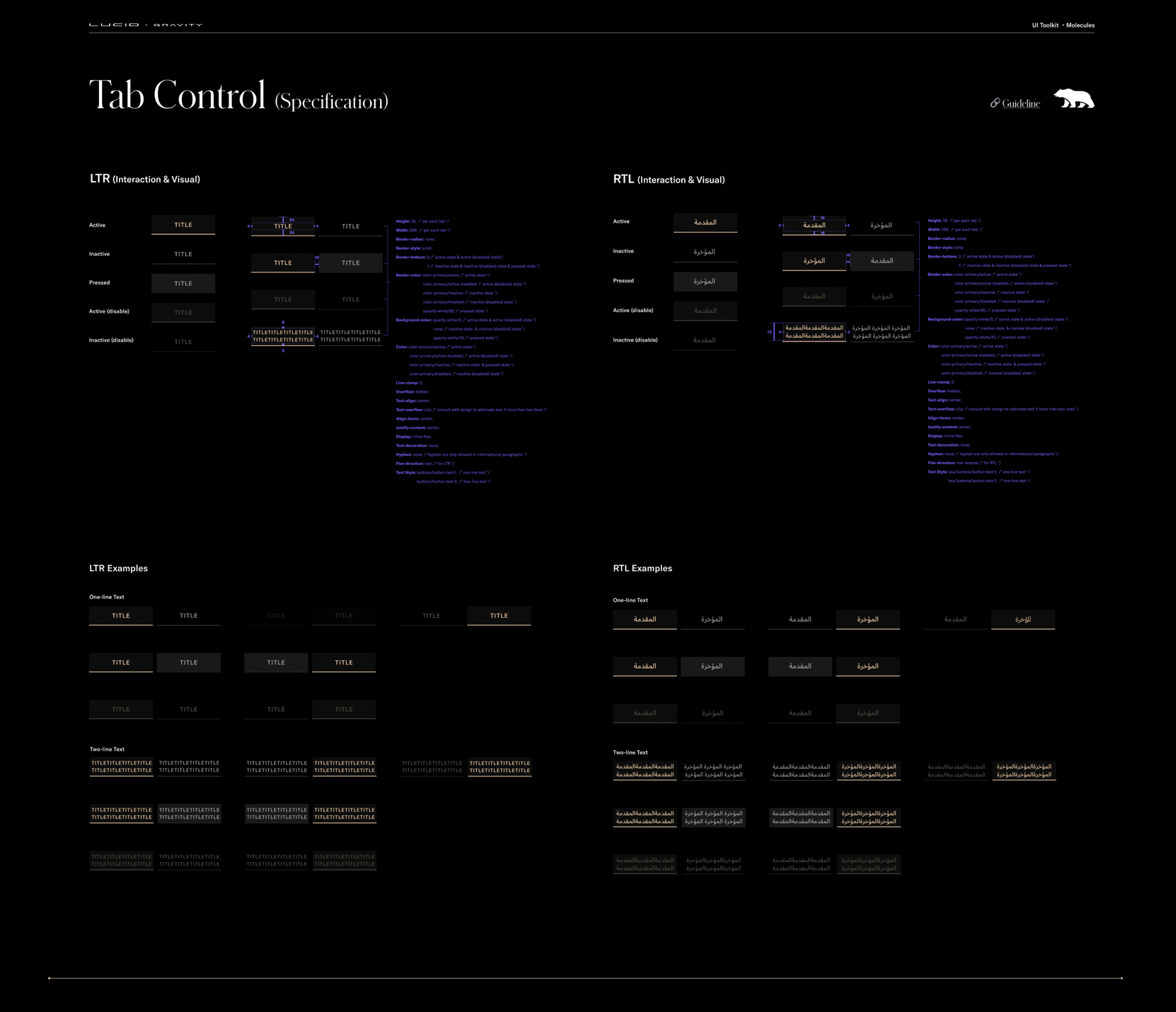Lucid tab control component specification showing LTR and RTL states, examples, and visual guidance