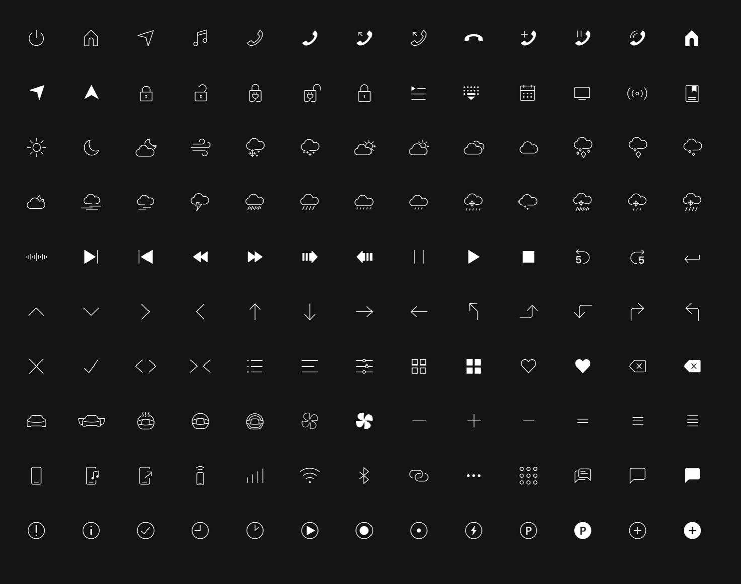 Lucid icon library with vehicle, media, navigation, weather, and system icons