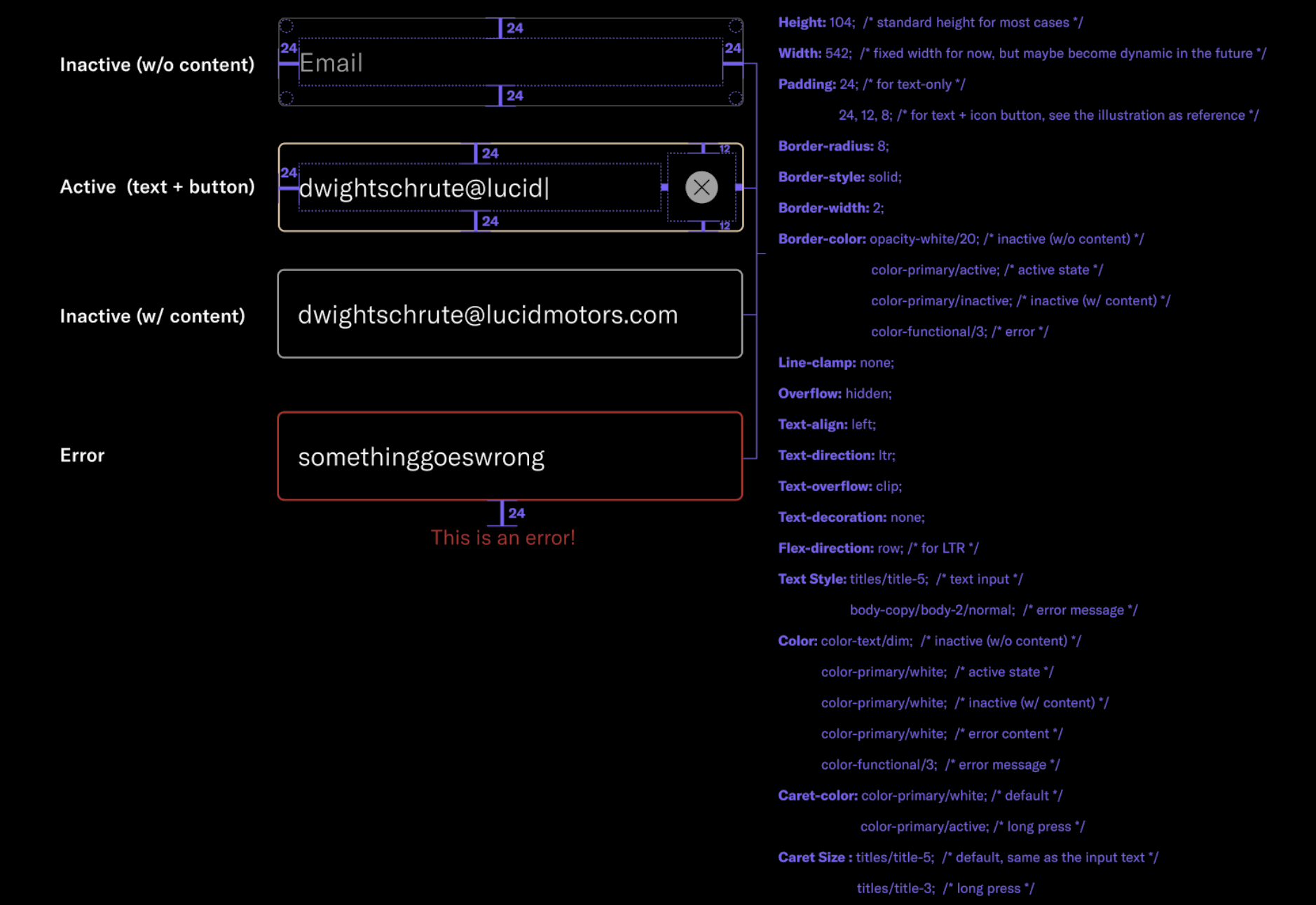 Lucid callout specification showing visual measurements, states, and implementation tokens