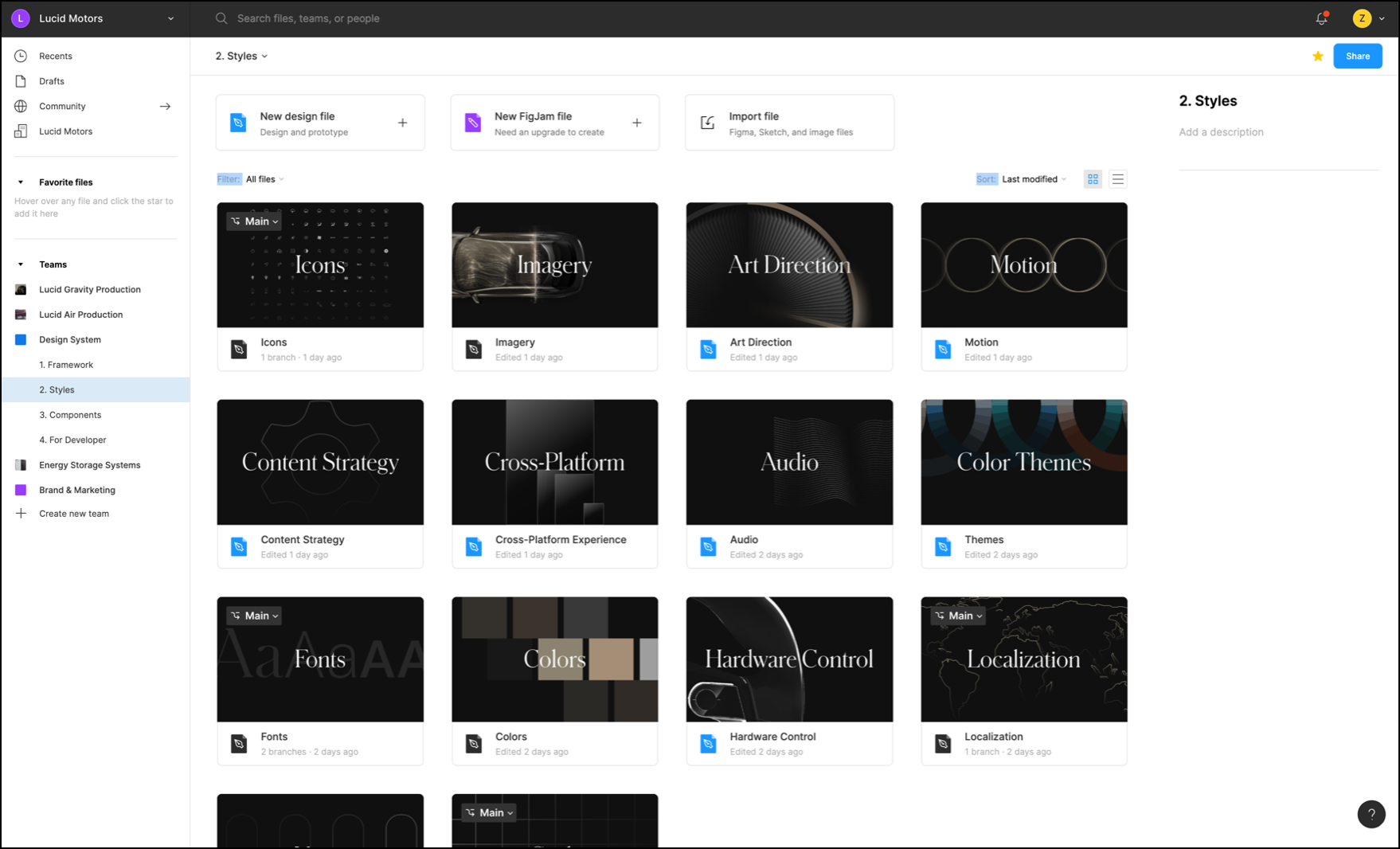 Lucid Design System styles library showing icons, imagery, art direction, motion, typography, colors, hardware control, and localization files
