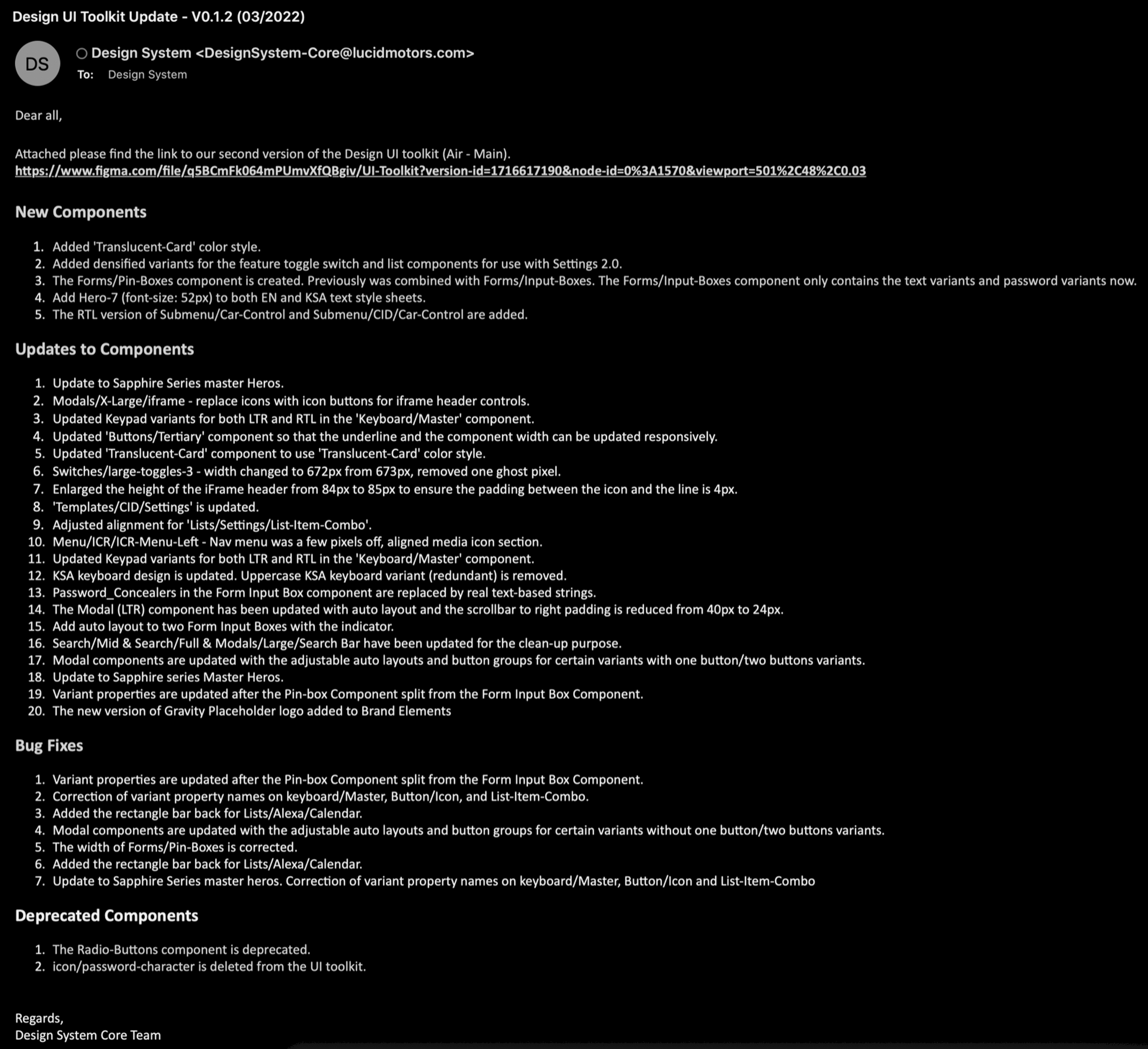 Lucid design UI toolkit update email documenting new components, component updates, bug fixes, and deprecated components
